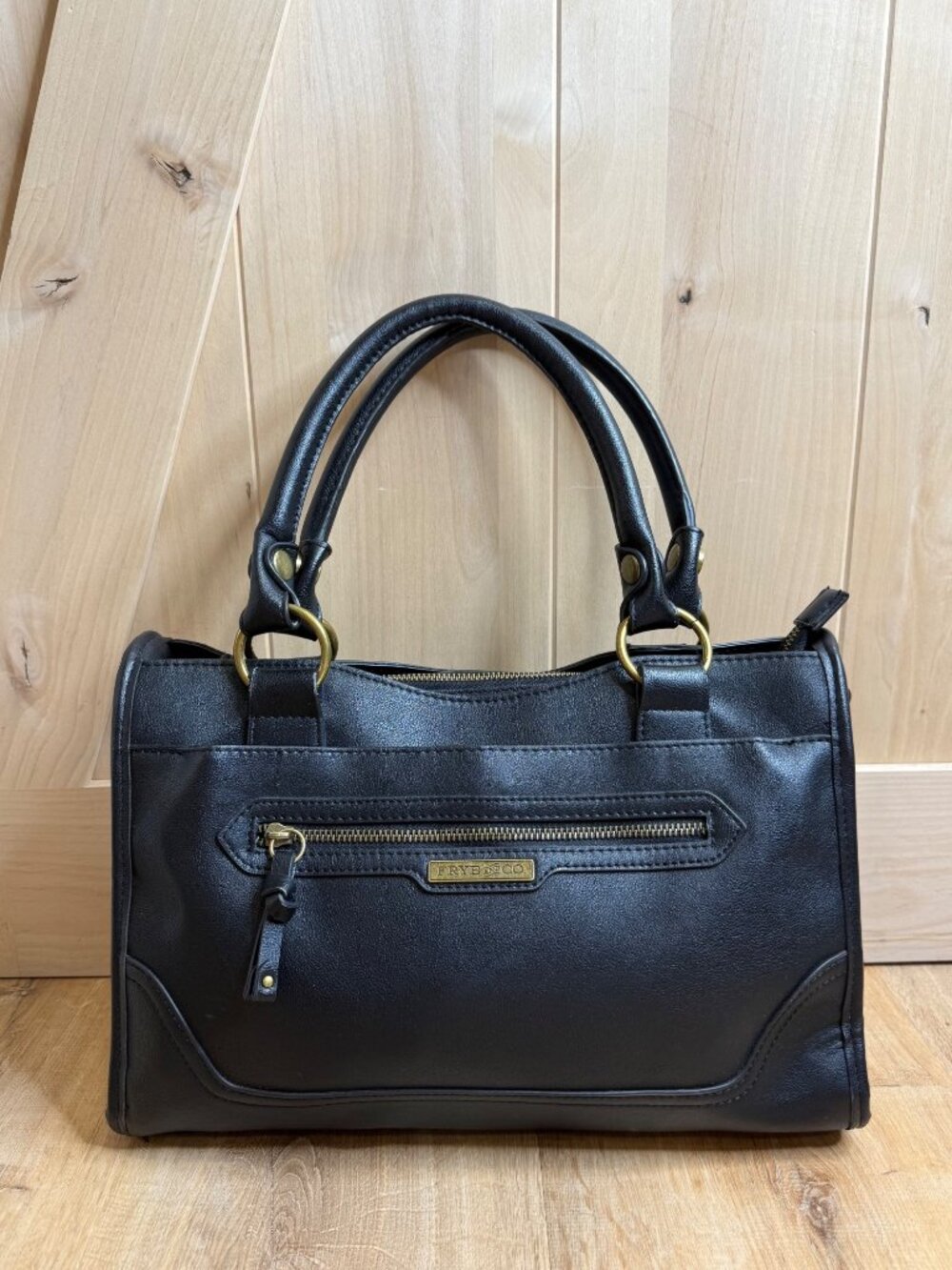 Frye & Co Black Satchel Top Handle Handbag Gold Hardware Multi Compartment Zip T